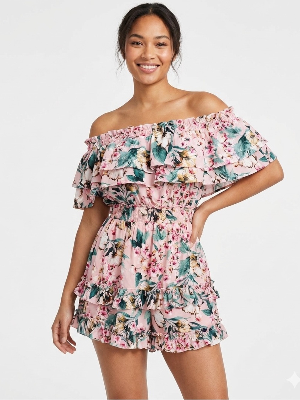 Miss Avenue Floral Ruffle Strapless Romper Pink 209 party travel fun trendy chic